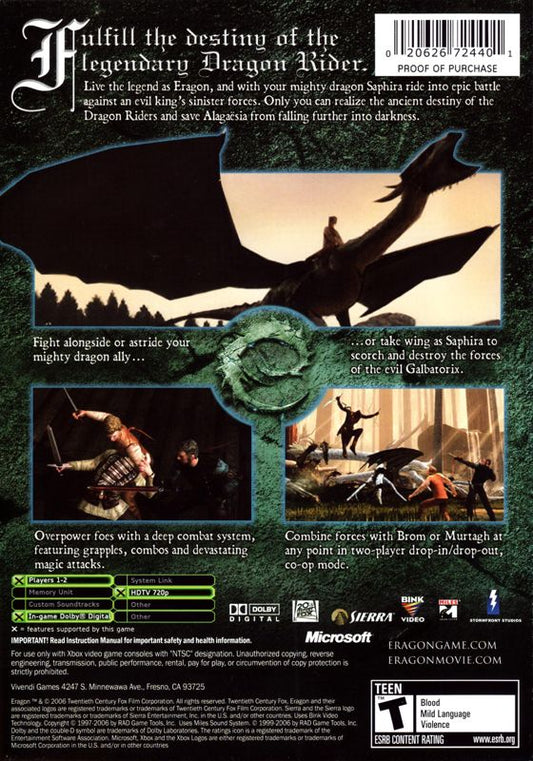 
Eragon | Xbox | back cover | Region: North America | source-country=United States | Data by MobyGames.com