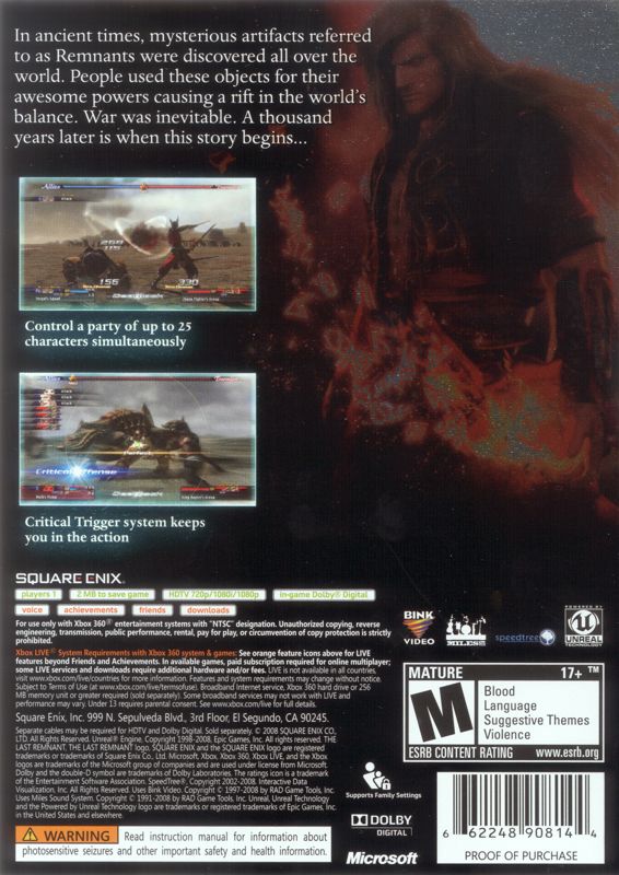 
The Last Remnant | Xbox 360 | back cover | Region: North America | source-country=United States | Data by MobyGames.com