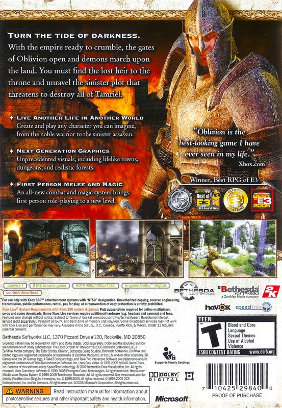 The Elder Scrolls IV: Oblivion | Xbox 360 | back cover | region=North America | source-country=United States | zypher-v2 | moby-08c493a9b0bc | Data by MobyGames.com