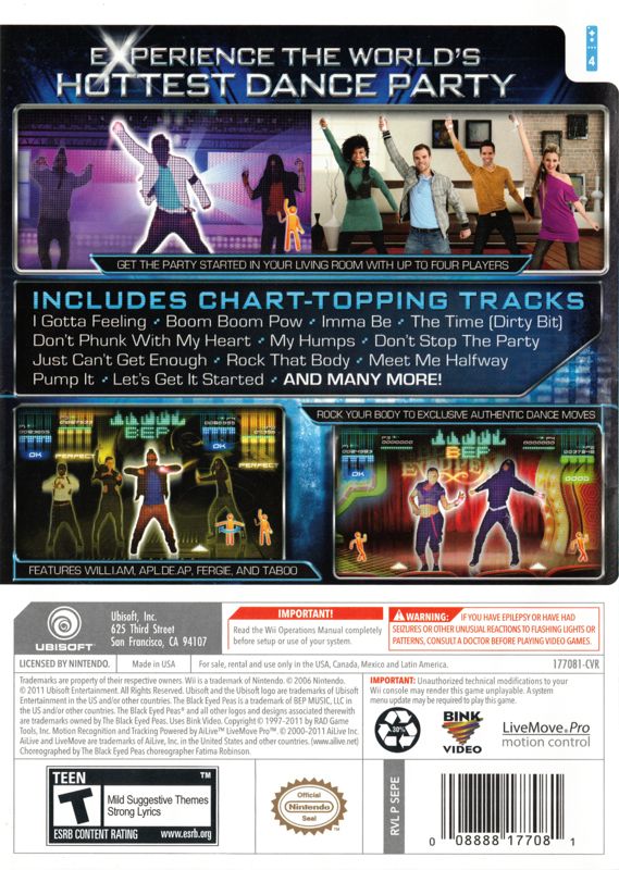 The Black Eyed Peas Experience | Wii | back cover | region=North America | source-country=United States | zypher-v2 | moby-0eef72c22edc | Data by MobyGames.com