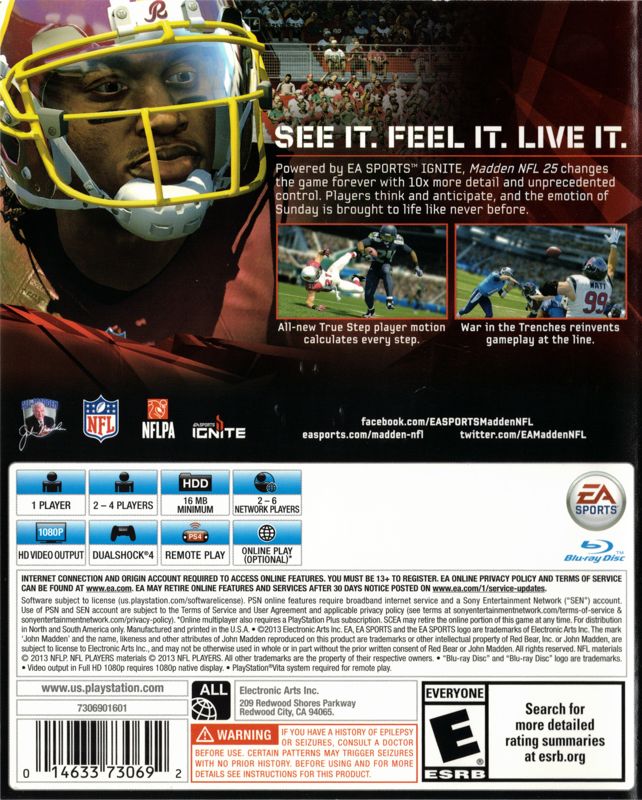 Madden NFL 25 | PlayStation 4 | back cover | region=North America | source-country=United States | zypher-v2 | moby-8d16db2a26d0 | Data by MobyGames.com