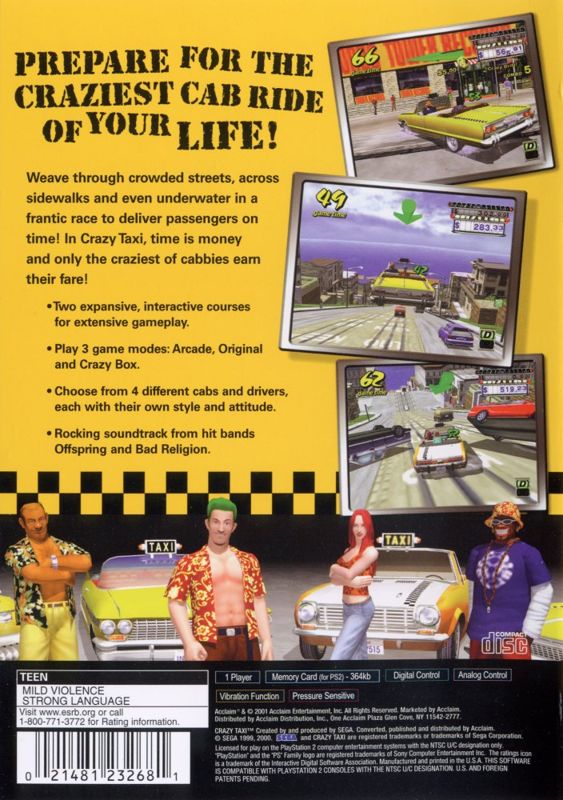 
Crazy Taxi | PlayStation 2 | back cover | Region: North America | source-country=Canada,United States | Data by MobyGames.com