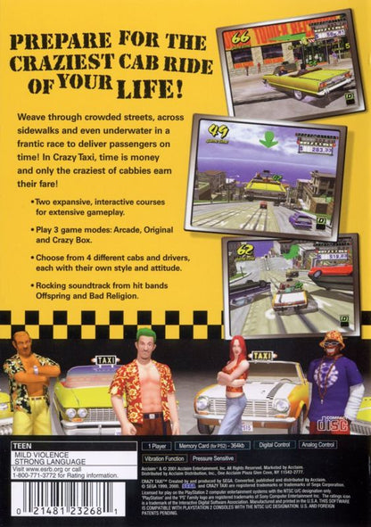 
Crazy Taxi | PlayStation 2 | back cover | Region: North America | source-country=Canada,United States | Data by MobyGames.com