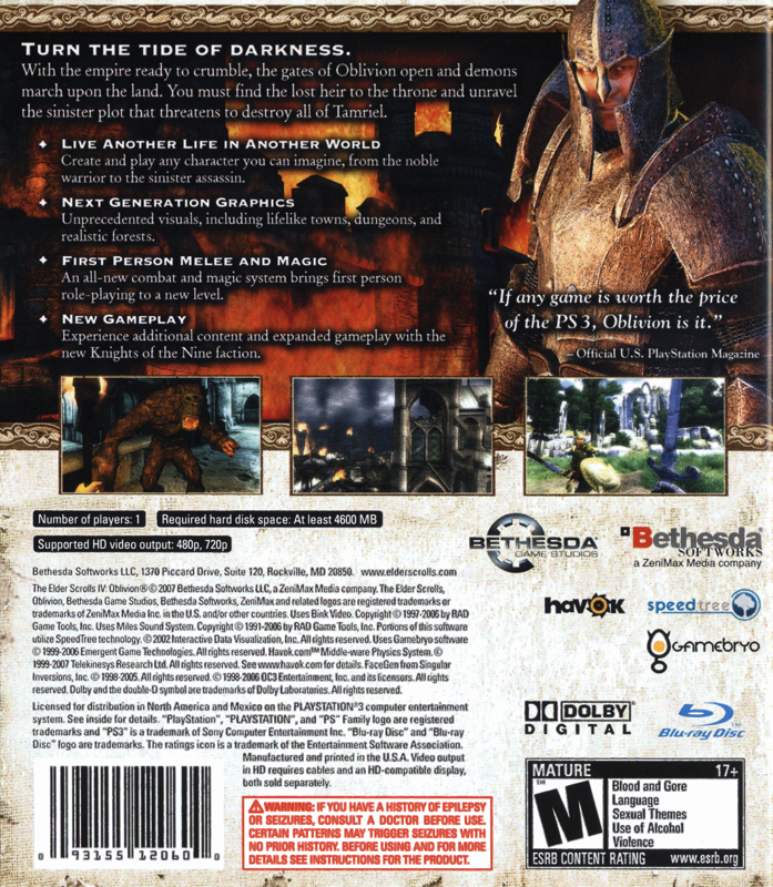 The Elder Scrolls IV: Oblivion | PlayStation 3 | back cover | region=North America | source-country=United States | zypher-v2 | moby-cb8f82502bb5 | Data by MobyGames.com