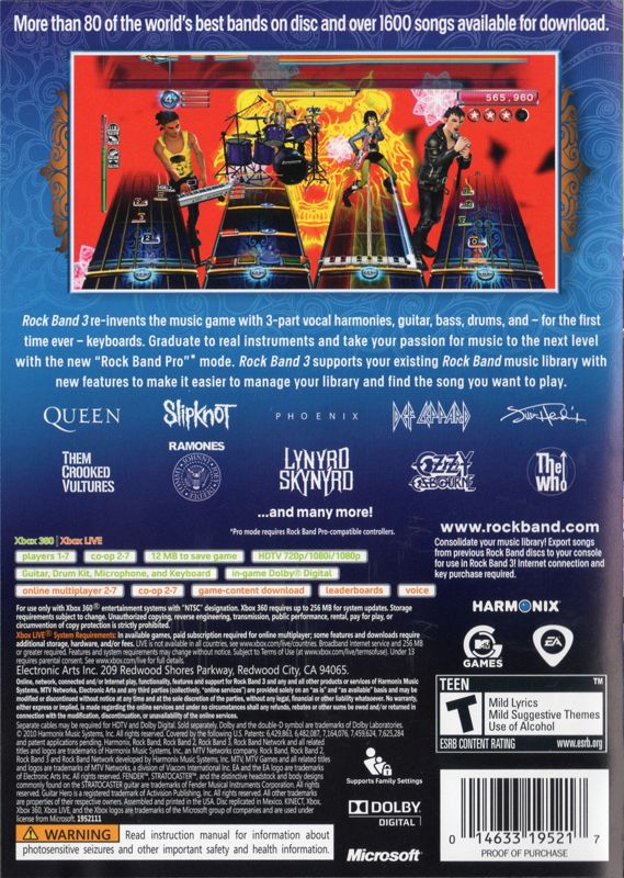Rock Band 3 | Xbox 360 | back cover | region=North America | source-country=United States | zypher-v2 | moby-f23dfa62d53a | Data by MobyGames.com