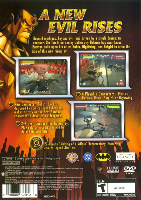 Batman: Rise of Sin Tzu | PlayStation 2 | back cover | region=North America | source-country=Canada,United States | zypher-v2 | moby-20ec1d85c8ba | Data by MobyGames.com