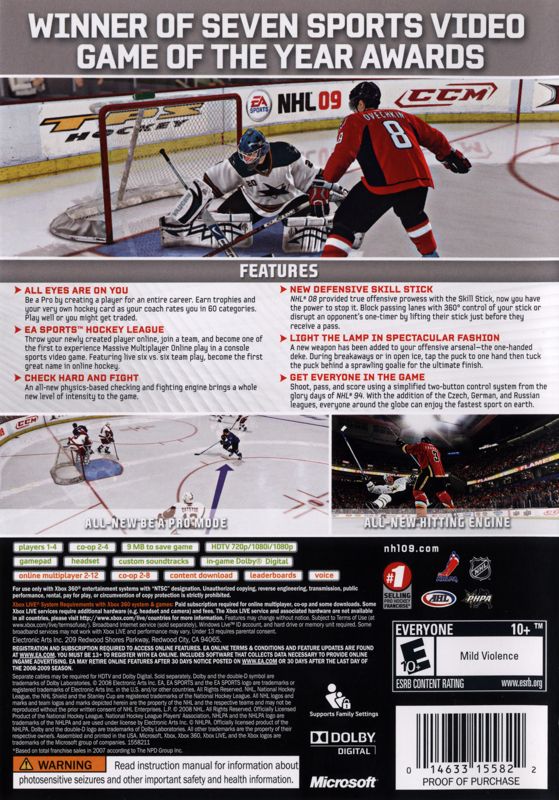 NHL 09 | Xbox 360 | back cover | region=North America | source-country=United States | zypher-v2 | moby-d68a066a4e46 | Data by MobyGames.com