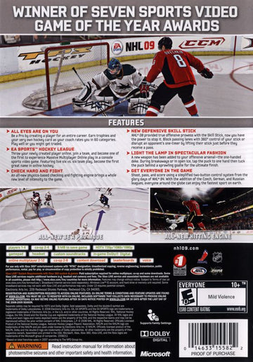 NHL 09 | Xbox 360 | back cover | region=North America | source-country=United States | zypher-v2 | moby-d68a066a4e46 | Data by MobyGames.com