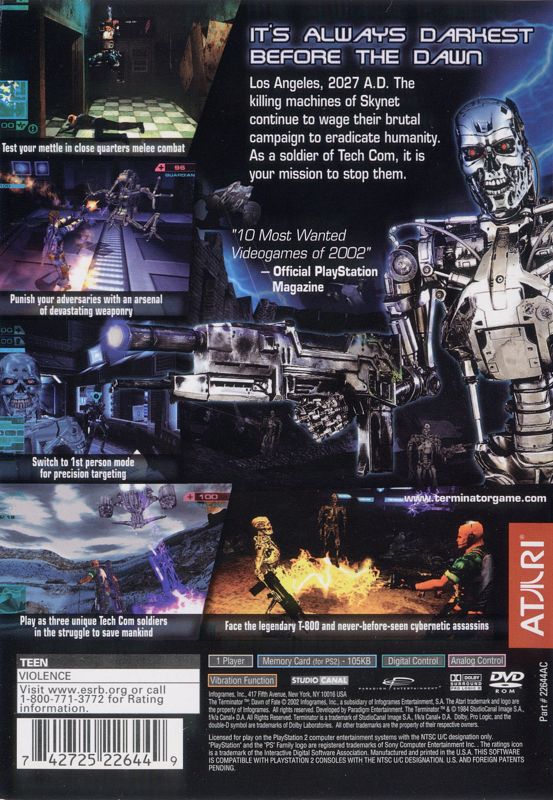 The Terminator: Dawn of Fate | PlayStation 2 | back cover | region=North America | source-country=Canada,United States | zypher-v2 | moby-a0b59efc09f2 | Data by MobyGames.com