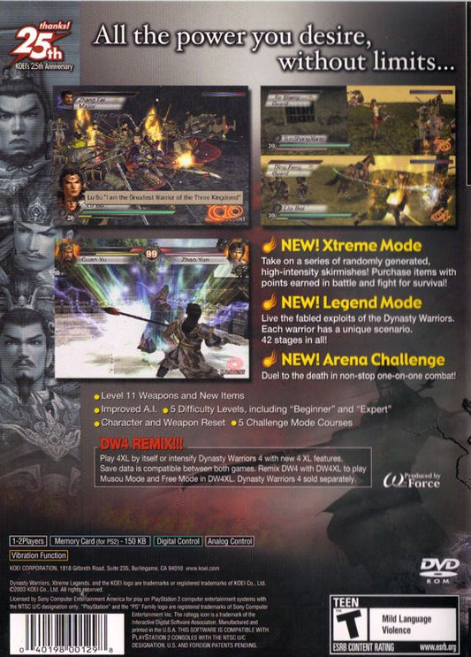 
Dynasty Warriors 4: Xtreme Legends | PlayStation 2 | back cover | Region: North America | source-country=Canada,United States | Data by MobyGames.com