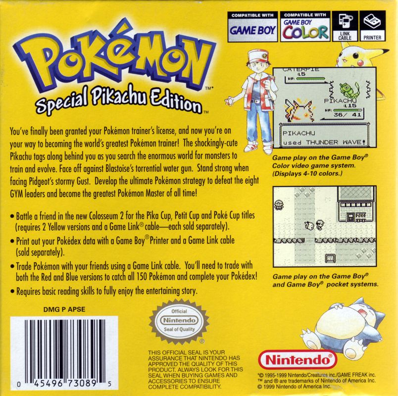 Pokémon Yellow Version: Special Pikachu Edition | Game Boy | back cover | region=North America | source-country=United States | zypher-v2 | moby-7d0dca1d118a | Data by MobyGames.com