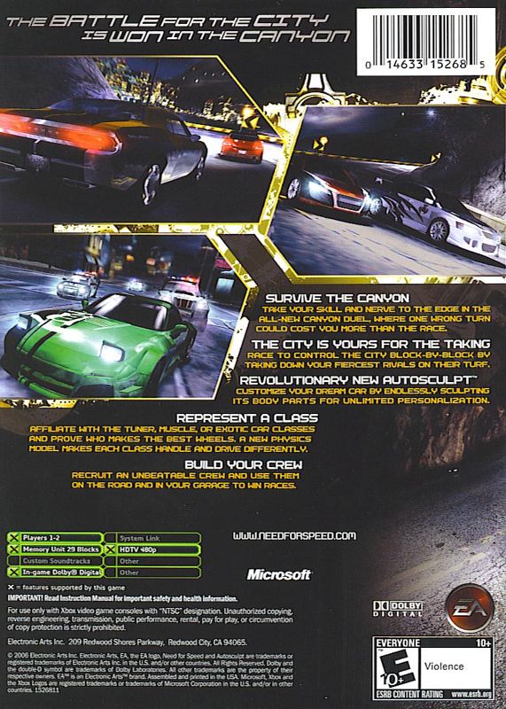 Need for Speed: Carbon | Xbox | back cover | region=North America | source-country=United States | zypher-v2 | moby-44df1da9e61e | Data by MobyGames.com