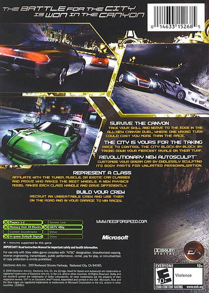 Need for Speed: Carbon | Xbox | back cover | region=North America | source-country=United States | zypher-v2 | moby-44df1da9e61e | Data by MobyGames.com