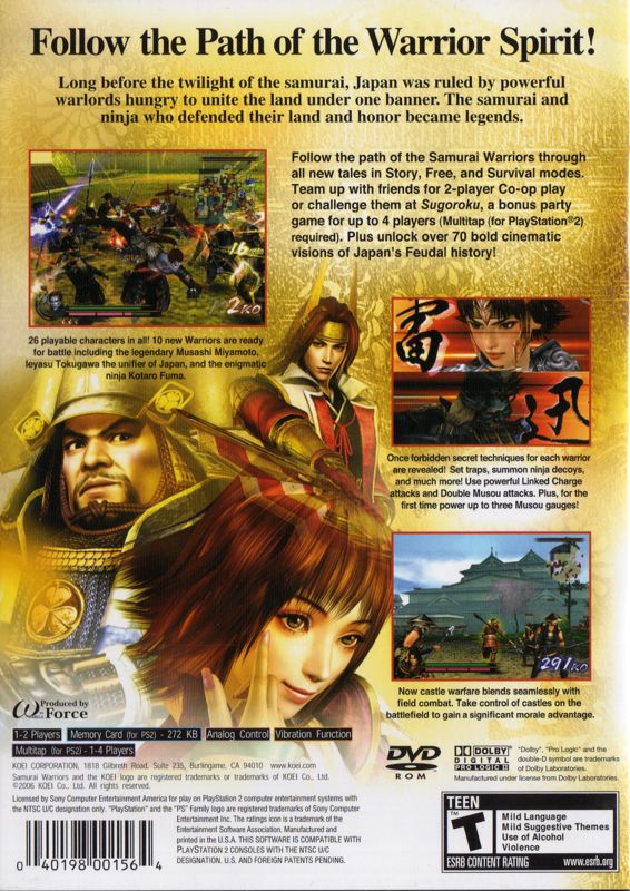 Samurai Warriors 2 | PlayStation 2 | back cover | region=North America | source-country=Canada,United States | zypher-v2 | moby-c33c473c1e09 | Data by MobyGames.com