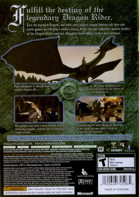 
Eragon | Xbox 360 | back cover | Region: North America | source-country=Canada,Mexico,United States | Data by MobyGames.com