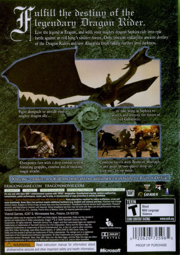 
Eragon | Xbox 360 | back cover | Region: North America | source-country=Canada,Mexico,United States | Data by MobyGames.com