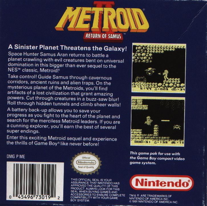 
Metroid II: Return of Samus | Game Boy | back cover | Data by MobyGames.com