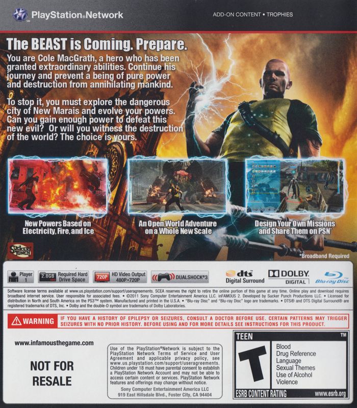 
inFAMOUS 2 | PlayStation 3 | back cover | Region: North America | source-country=United States | Data by MobyGames.com