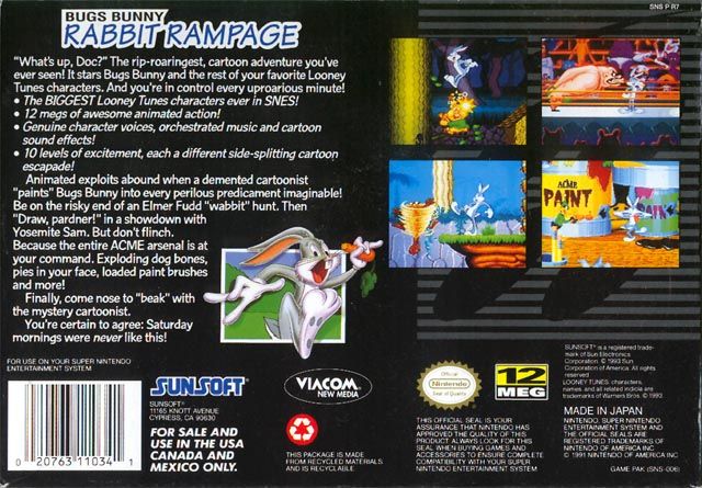 
Bugs Bunny Rabbit Rampage | SNES | back cover | Data by MobyGames.com