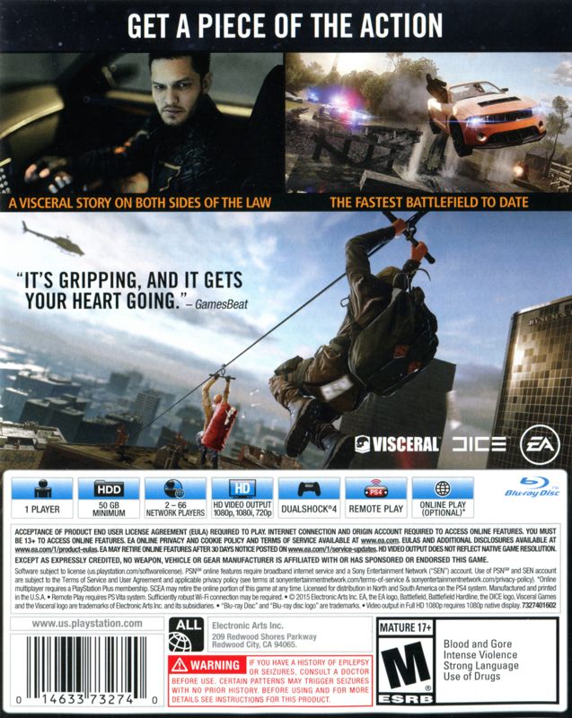 Battlefield: Hardline | PlayStation 4 | back cover | region=North America | source-country=United States | zypher-v2 | moby-3e4a3637c917 | Data by MobyGames.com
