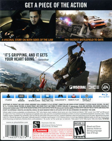 Battlefield: Hardline | PlayStation 4 | back cover | region=North America | source-country=United States | zypher-v2 | moby-3e4a3637c917 | Data by MobyGames.com