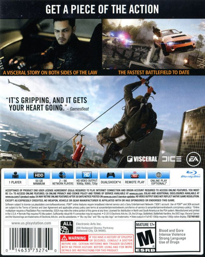 Battlefield: Hardline | PlayStation 4 | back cover | region=North America | source-country=United States | zypher-v2 | moby-3e4a3637c917 | Data by MobyGames.com