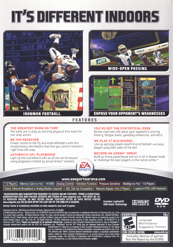 Arena Football | PlayStation 2 | back cover | region=North America | source-country=United States | zypher-v2 | moby-423c1a4ef639 | Data by MobyGames.com