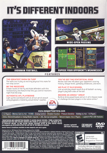 Arena Football | PlayStation 2 | back cover | region=North America | source-country=United States | zypher-v2 | moby-423c1a4ef639 | Data by MobyGames.com