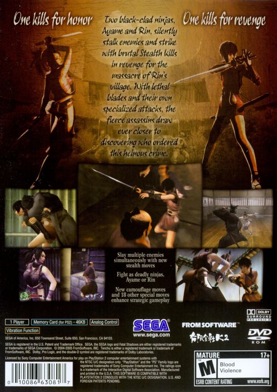 Tenchu: Fatal Shadows | PlayStation 2 | back cover | Region: North America | source-country=Canada,United States | Data by MobyGames.com
