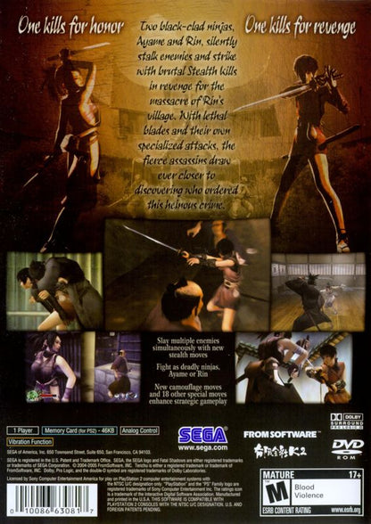 
Tenchu: Fatal Shadows | PlayStation 2 | back cover | Region: North America | source-country=Canada,United States | Data by MobyGames.com