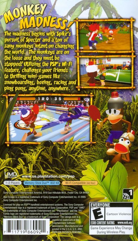 Ape Escape: On the Loose | PSP | back cover | region=North America | source-country=Canada,United States | zypher-v2 | moby-12b143a90dd8 | Data by MobyGames.com