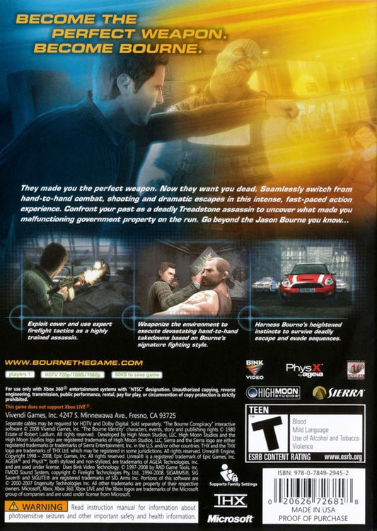
Robert Ludlum's The Bourne Conspiracy | Xbox 360 | back cover | Region: North America | source-country=United States | Data by MobyGames.com
