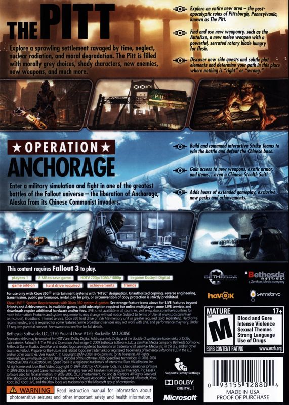 Fallout 3: Game Add-on Pack - The Pitt and Operation: Anchorage | Xbox 360 | back cover | region=North America | source-country=United States | zypher-v2 | moby-5494bf1550f2 | Data by MobyGames.com