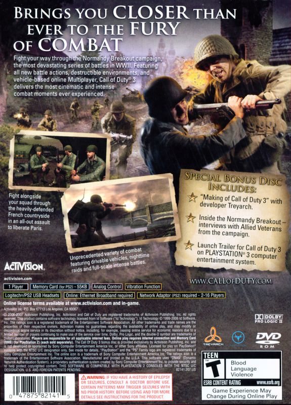 Call of Duty 3 (Special Edition) | PlayStation 2 | back cover | Region: North America | source-country=Canada,United States | Data by MobyGames.com
