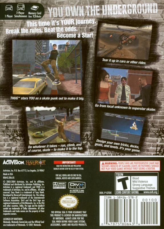 Tony Hawk's Underground | GameCube | back cover | Region: North America | source-country=Canada,Mexico,Other,United States | Data by MobyGames.com
