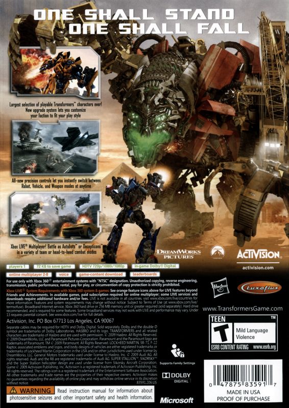 
Transformers: Revenge of the Fallen | Xbox 360 | back cover | Data by MobyGames.com