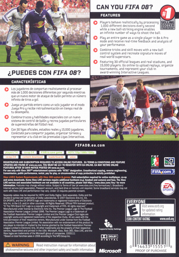 FIFA Soccer 08 | Xbox 360 | back cover | region=North America | source-country=United States | zypher-v2 | moby-007af20957cb | Data by MobyGames.com