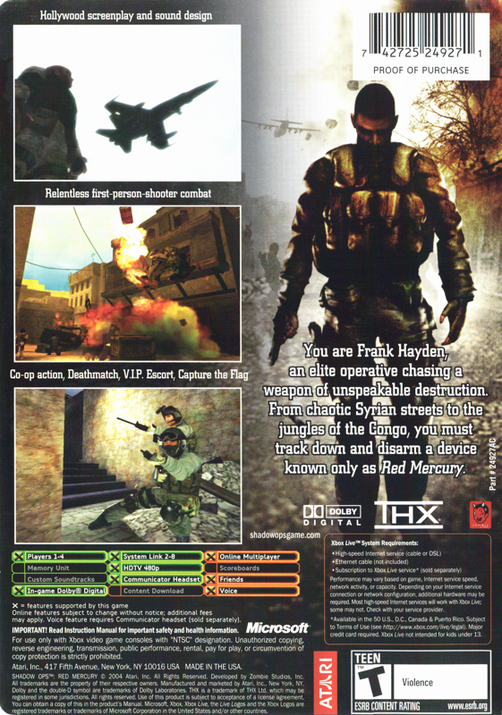 Shadow Ops: Red Mercury | Xbox | back cover | Data by MobyGames.com