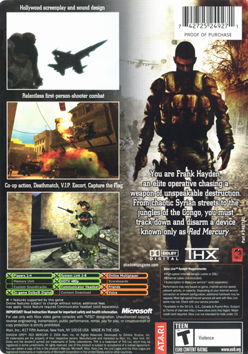 
Shadow Ops: Red Mercury | Xbox | back cover | Data by MobyGames.com