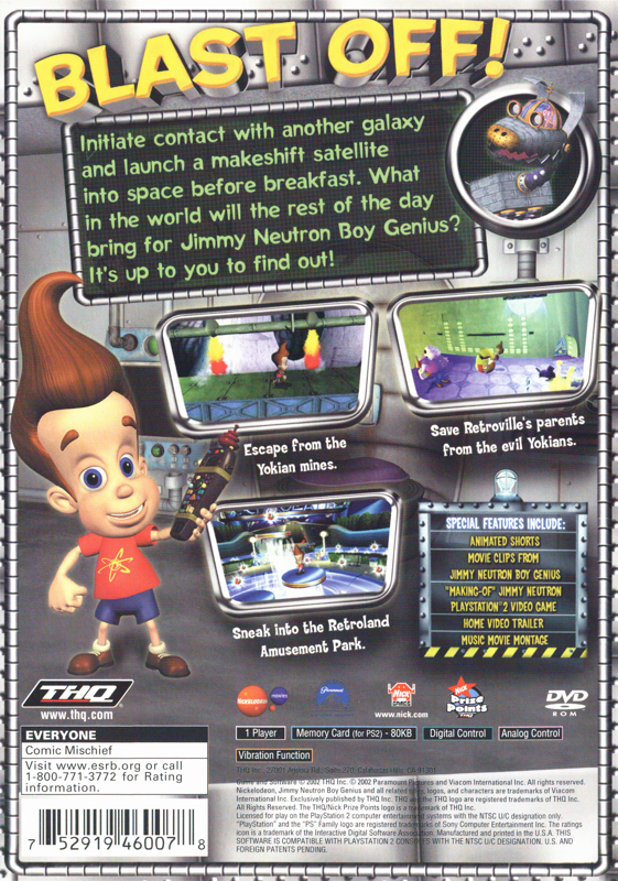 
Jimmy Neutron: Boy Genius | PlayStation 2 | back cover | Region: North America | source-country=Canada,United States | Data by MobyGames.com