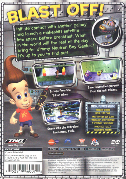 
Jimmy Neutron: Boy Genius | PlayStation 2 | back cover | Region: North America | source-country=Canada,United States | Data by MobyGames.com