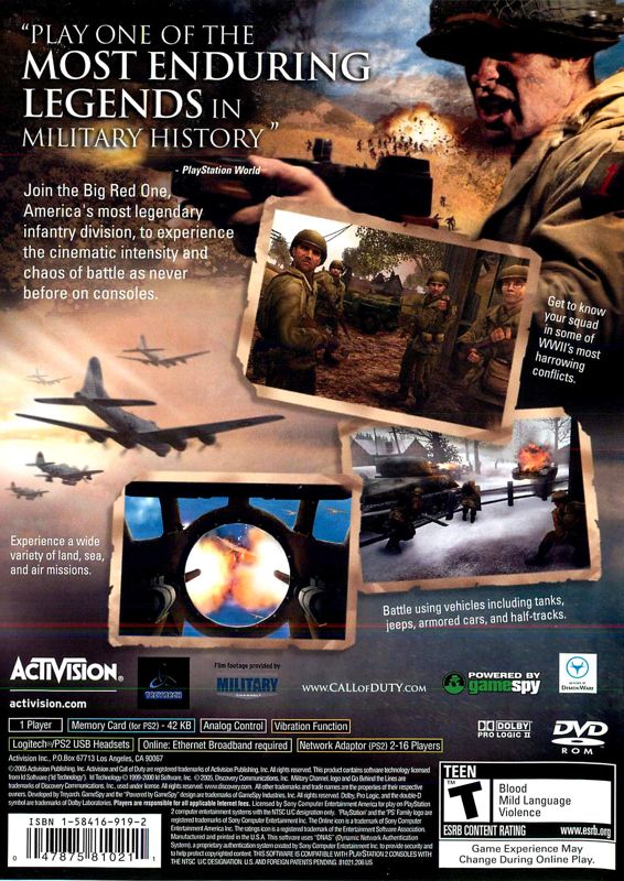 Call of Duty 2: Big Red One | PlayStation 2 | back cover | region=North America | source-country=United States | zypher-v2 | moby-a43112ee26ab | Data by MobyGames.com