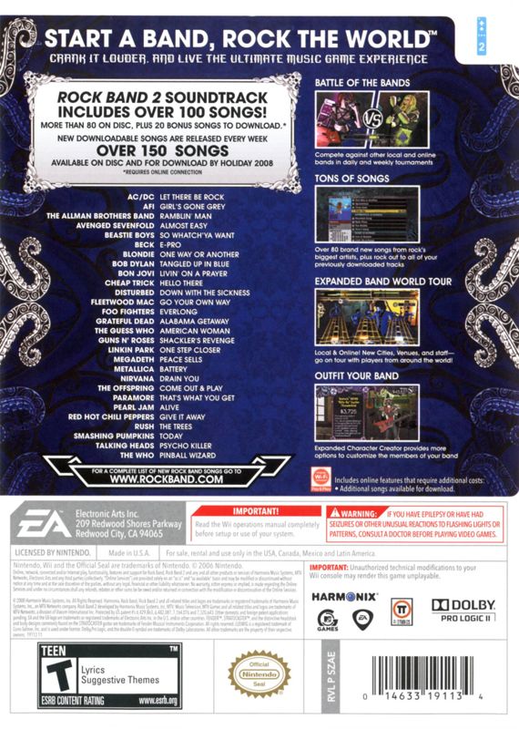 Rock Band 2 | Wii | back cover | region=North America | source-country=Canada,Mexico,United States | zypher-v2 | moby-f4c4a427b251 | Data by MobyGames.com