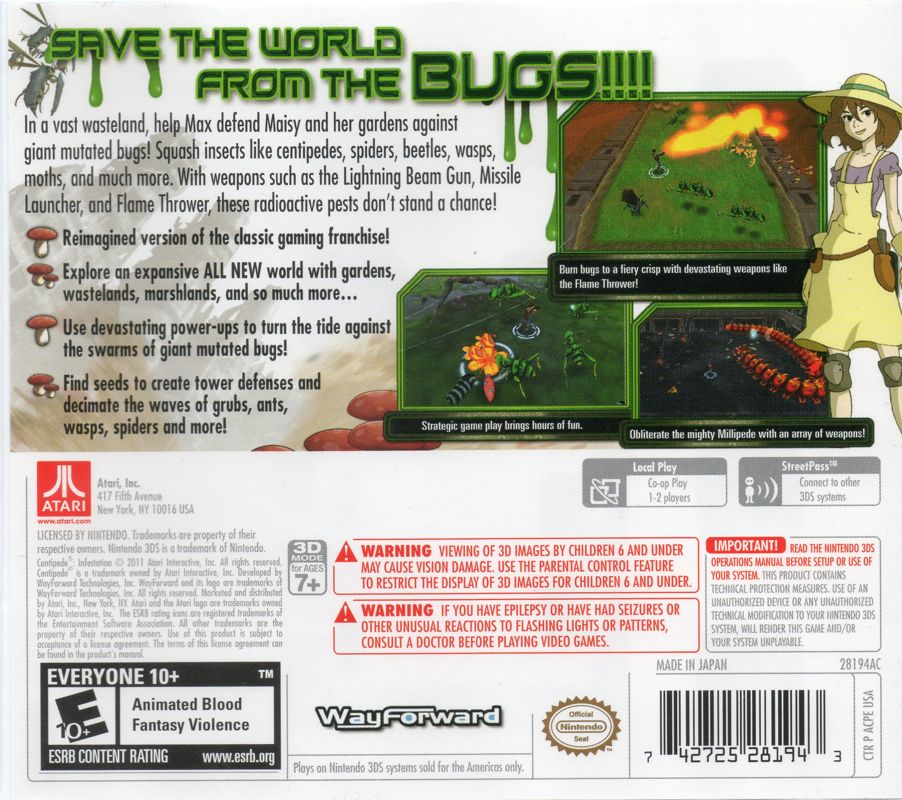 
Centipede: Infestation | Nintendo 3DS | back cover | Data by MobyGames.com