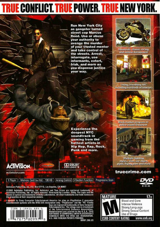 
True Crime: New York City | PlayStation 2 | back cover | Region: North America | source-country=United States | Data by MobyGames.com