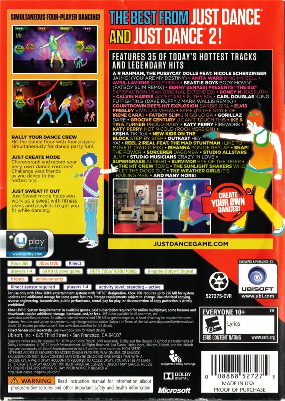 Just Dance: Greatest Hits | Xbox 360 | back cover | Region: North America | source-country=United States | Data by MobyGames.com