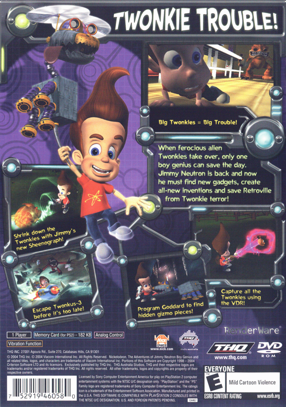 
The Adventures of Jimmy Neutron: Boy Genius - Attack of the Twonkies | PlayStation 2 | back cover | Data by MobyGames.com