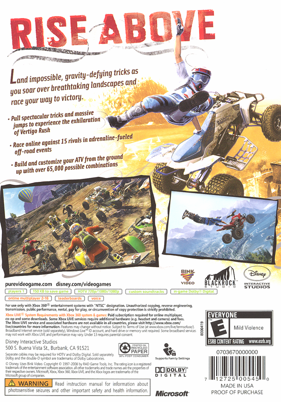 Pure | Xbox 360 | back cover | region=North America | source-country=United States | zypher-v2 | moby-0f3cb2bf4ecf | Data by MobyGames.com