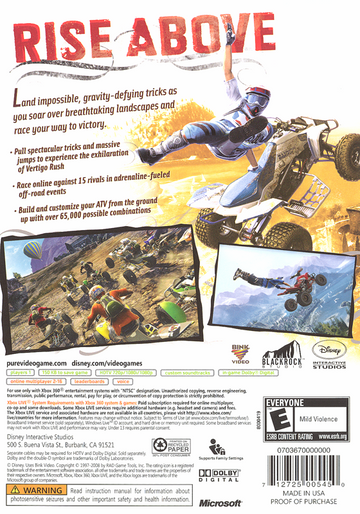 Pure | Xbox 360 | back cover | region=North America | source-country=United States | zypher-v2 | moby-0f3cb2bf4ecf | Data by MobyGames.com
