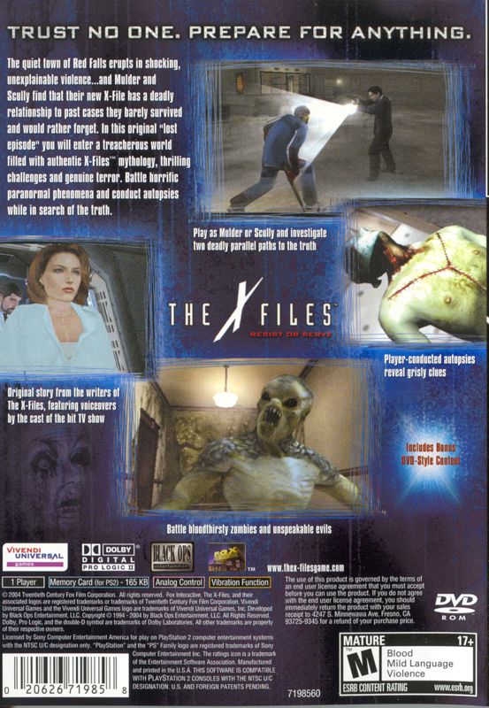 The X-Files: Resist or Serve | PlayStation 2 | back cover | region=North America | source-country=United States | zypher-v2 | moby-08f323851b85 | Data by MobyGames.com